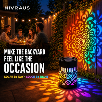 NIVRAUS solar color light creating atmosphere at an American family backyard dinner