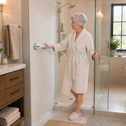 Older American woman naturally holding the horizontal Nivraus suction shower handle while entering a walk-in shower