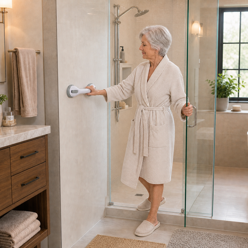 Older American woman naturally holding the horizontal Nivraus suction shower handle while entering a walk-in shower