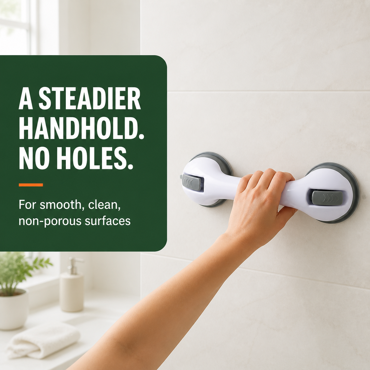 Suction shower assist handle installed on a smooth bathroom wall
