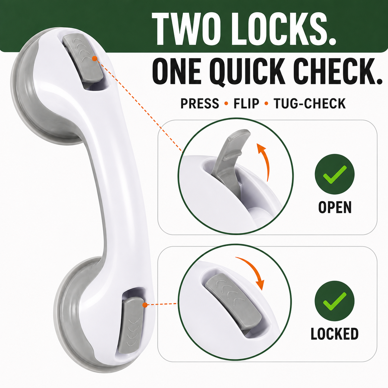 Dual flip-lock suction mechanism with press lock and tug-check guidance