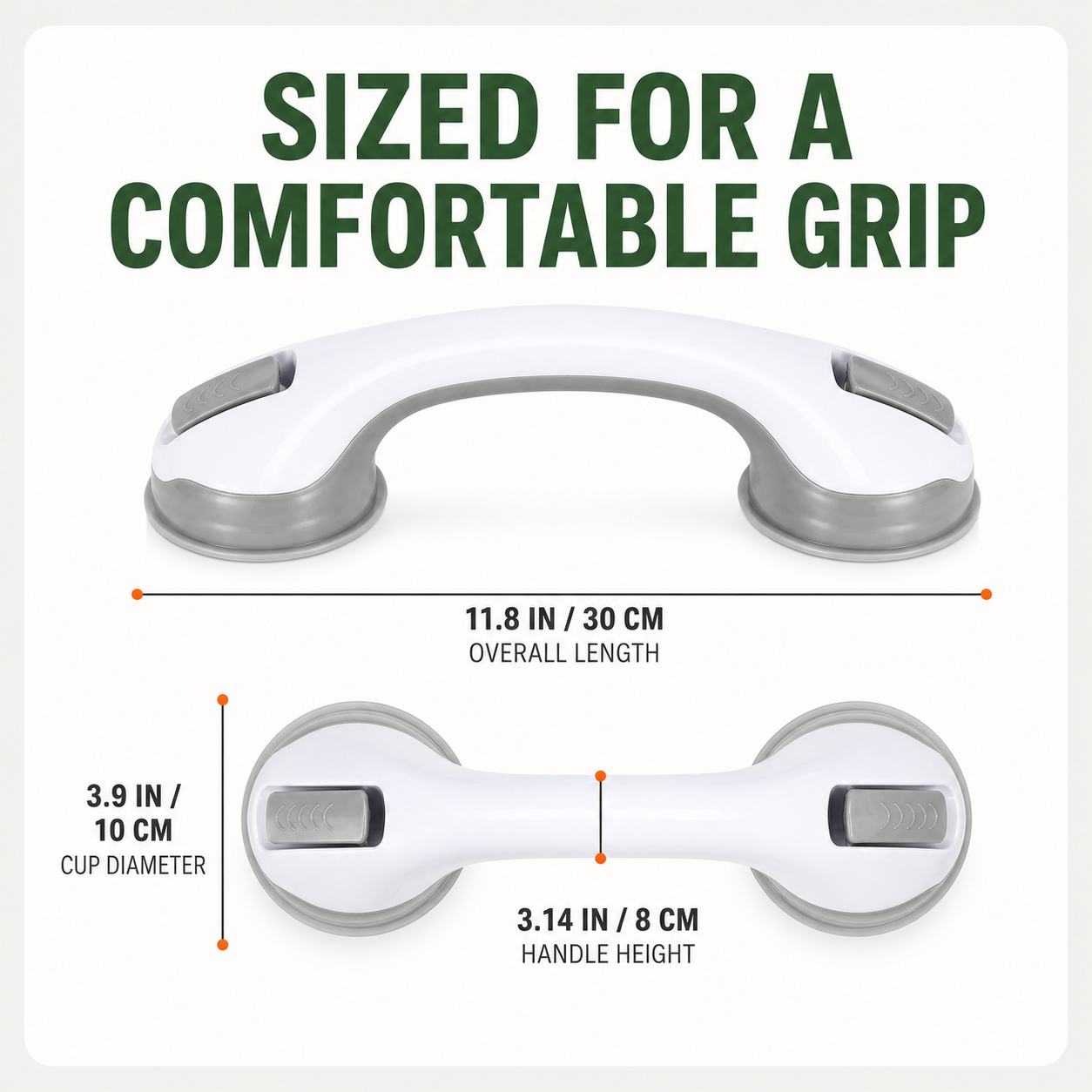 Suction shower assist handle dimensions including 11.8-inch overall length