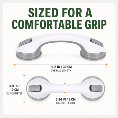 Suction shower assist handle dimensions including 11.8-inch overall length