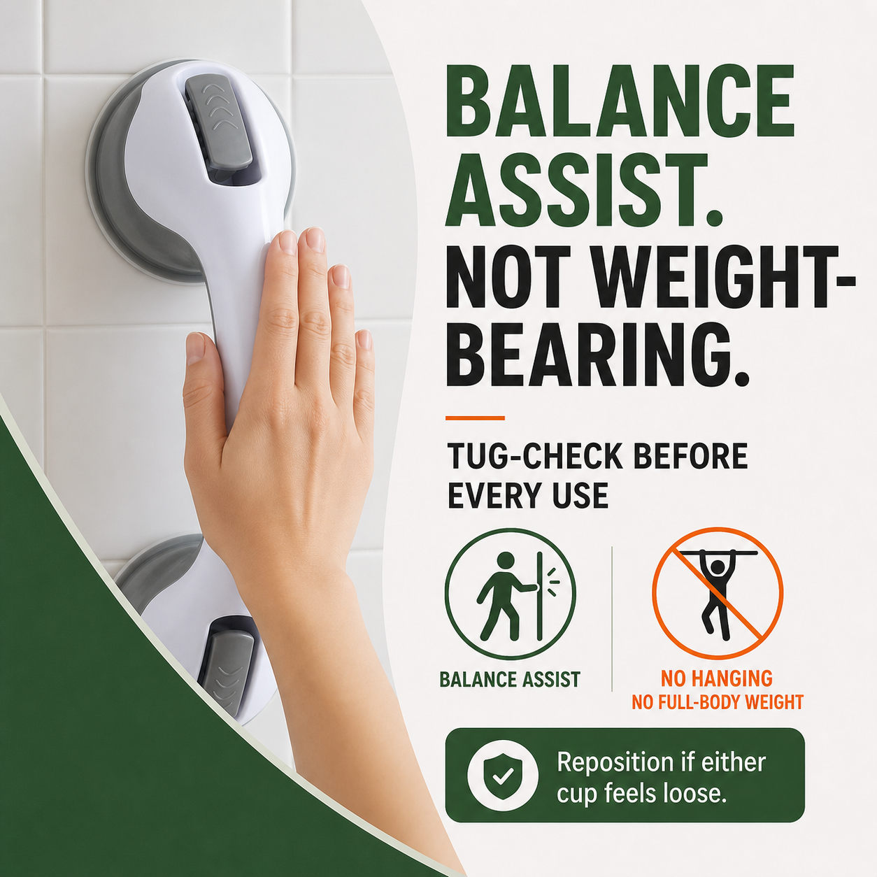 Balance-assist safety notice and tug-check reminder before every use