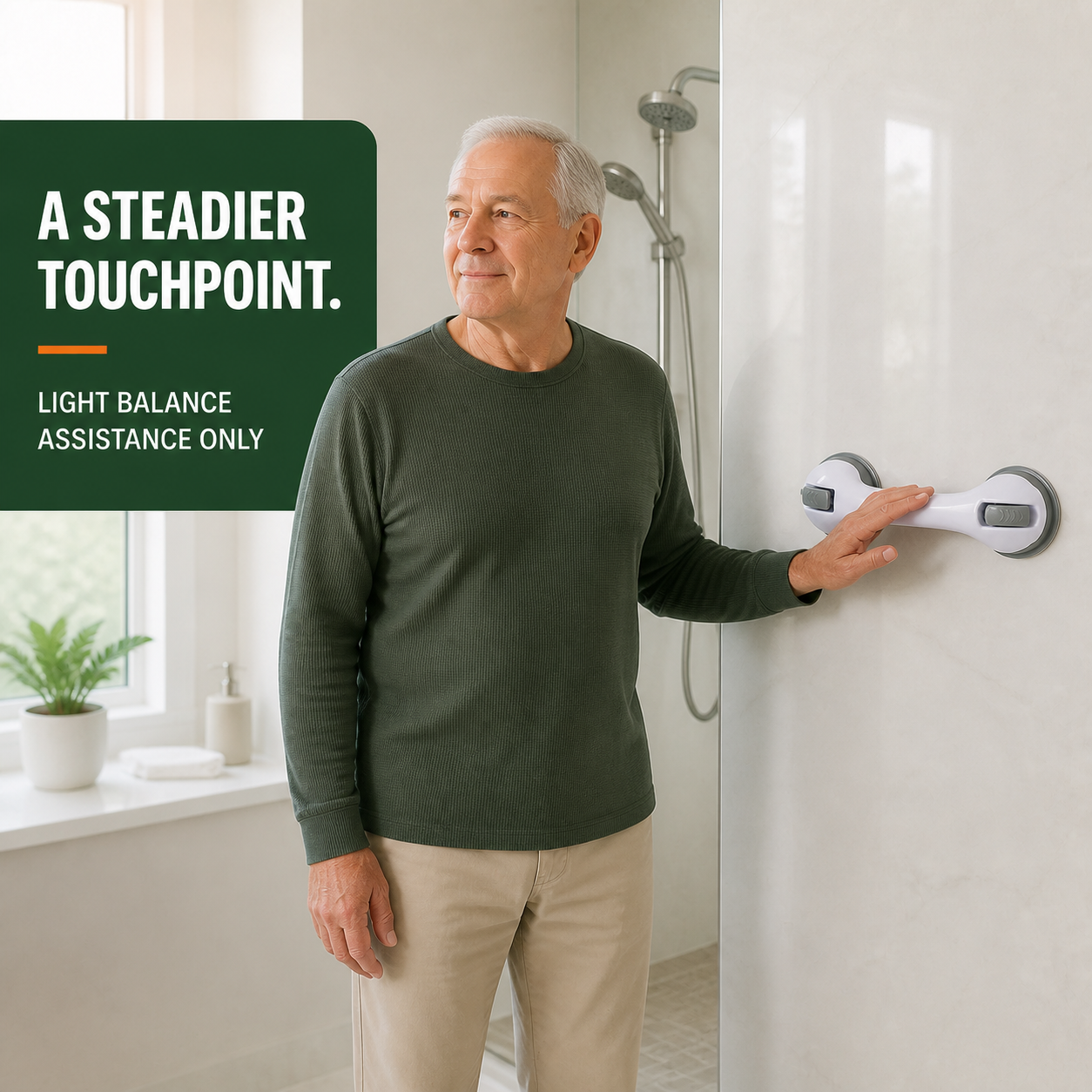 Older American adult making light balance contact with the Nivraus suction shower assist handle