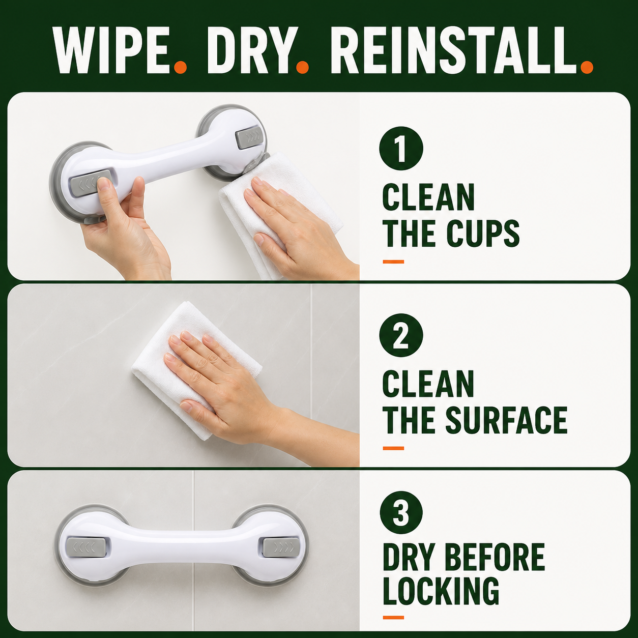 Clean the suction cups and smooth surface then dry before locking