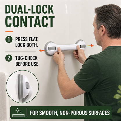 Dual-lock contact shown with a controlled tug-check and suction cup surface inset