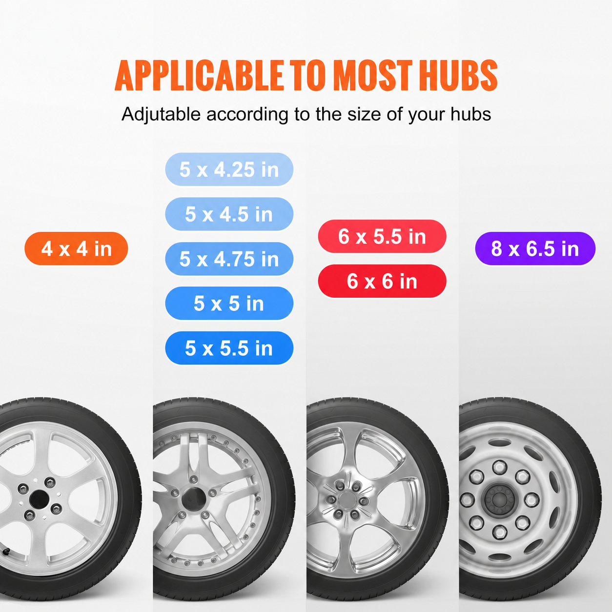 Compatible four, five, six and eight lug trailer wheel patterns