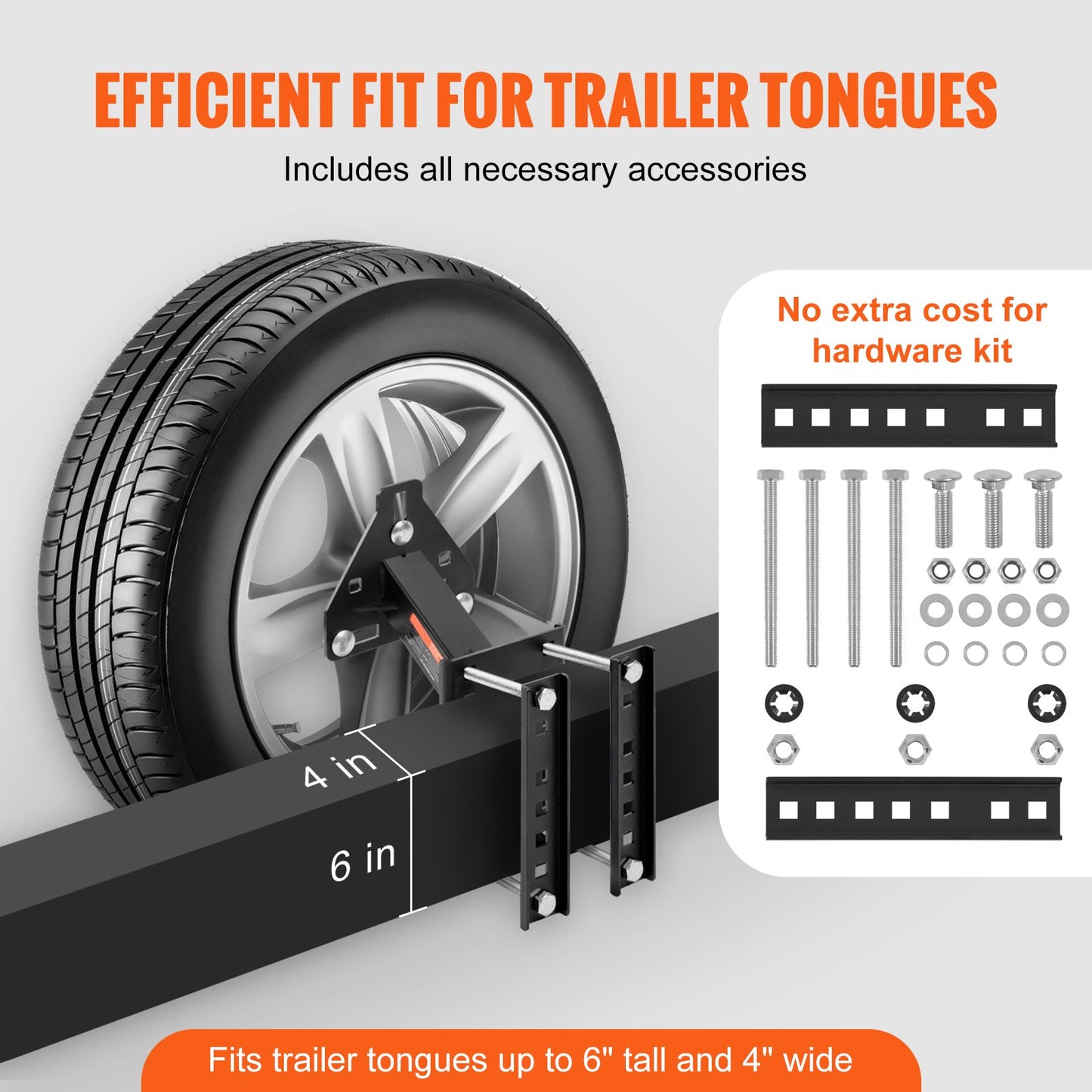 Spare tire carrier mounted on a trailer tongue up to four inches wide and six inches high