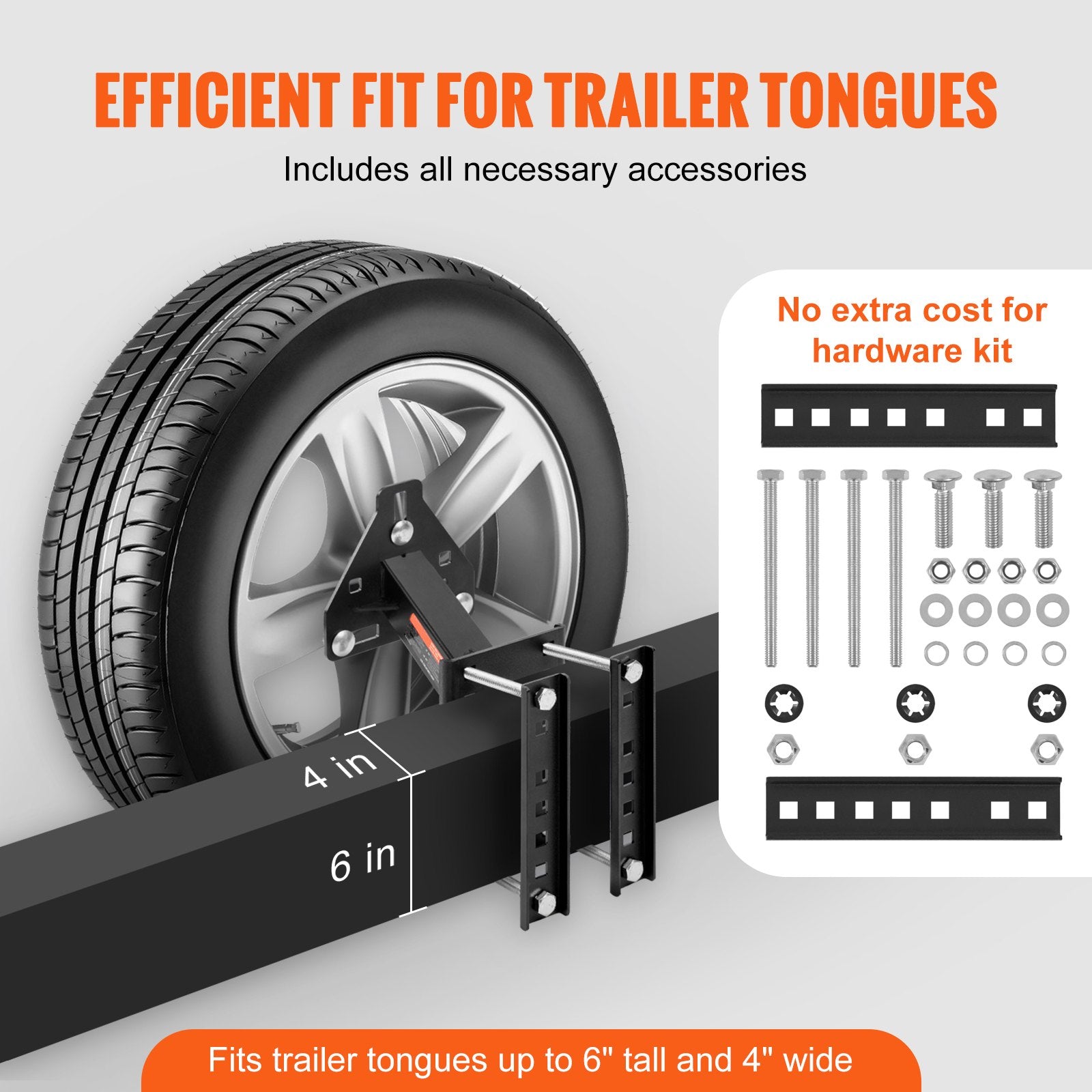 Spare tire carrier mounted on a trailer tongue up to four inches wide and six inches high
