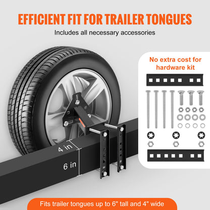 Spare tire carrier mounted on a trailer tongue up to four inches wide and six inches high